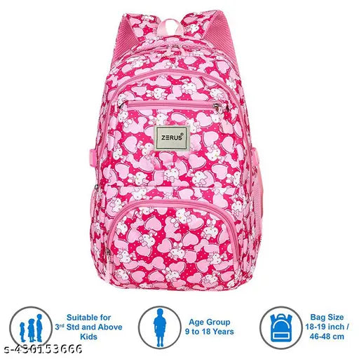 Pink printed polyester school bag, water-resistant, 4 compartments for women and girls, stylish college backpack