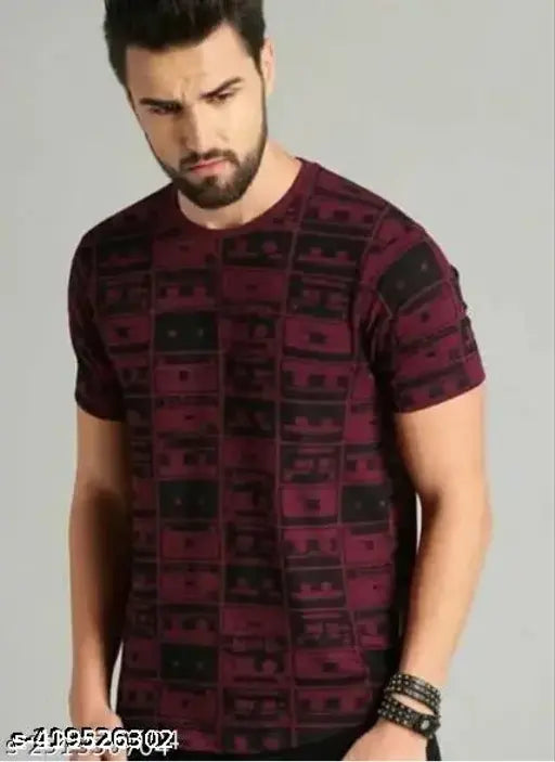 Maroon polyester round neck half sleeve t-shirt for men, vibrant print design, comfortable and stylish for casual wear or special occasions