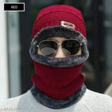 Red and black wool beanie cap with neck warmer