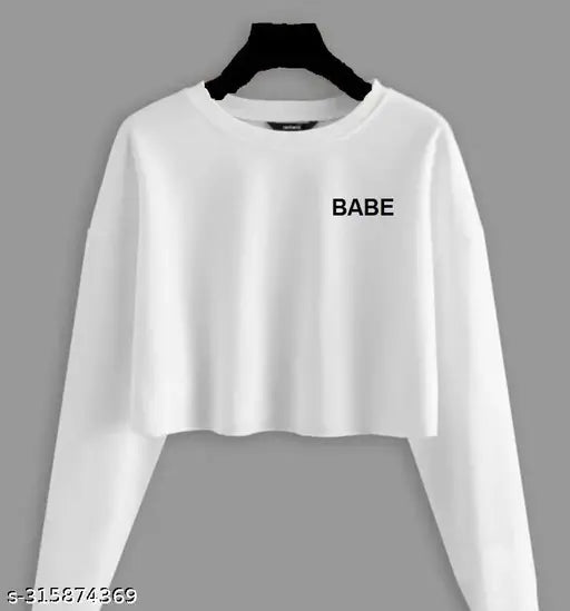 Long-sleeved women's cotton blend crop top with babe printed design, size XS-XL