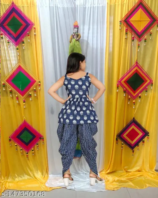 Blue kids girls kurta dhoti dupatta set, stylish A-line top & dhoti pants with cotton fabric, color-block printed net dupatta. Ideal for summer, party or beach wear. Contemporary design by Nivudi