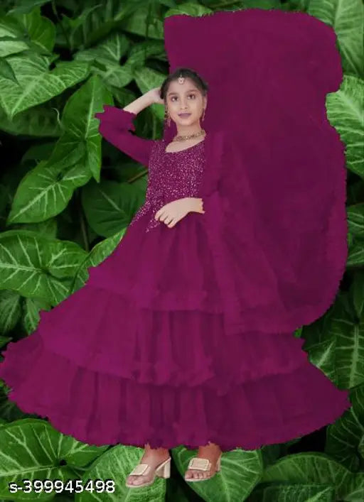 Soft net and satin new generation kids' angel gown by B. R. Enterprise, full stitched with dupatta set for 5-12 years old