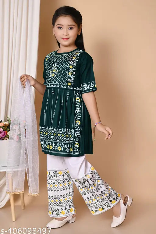 Cotton blend printed anarkali palazzo dresses for girls, knee length with three-quarter sleeves and dupatta, sizes 0-3 months to 12-14 years, Indian origin
