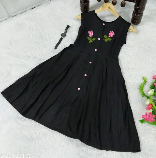 Black rayon frock, embroidered net, girls party dress from India (9-10 years, 30in bust, 34in length)