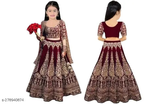 Embroidered velvet kids lehenga-choli set, net dupatta, short sleeves, traditional Indian wear