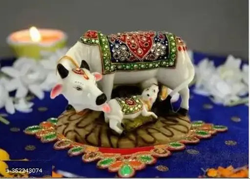 Resin marble multicolor Nandi Pooja figurine - designer stone-studded cow and calf statue, 5 inches. Indoor decor showpiece for home or gift