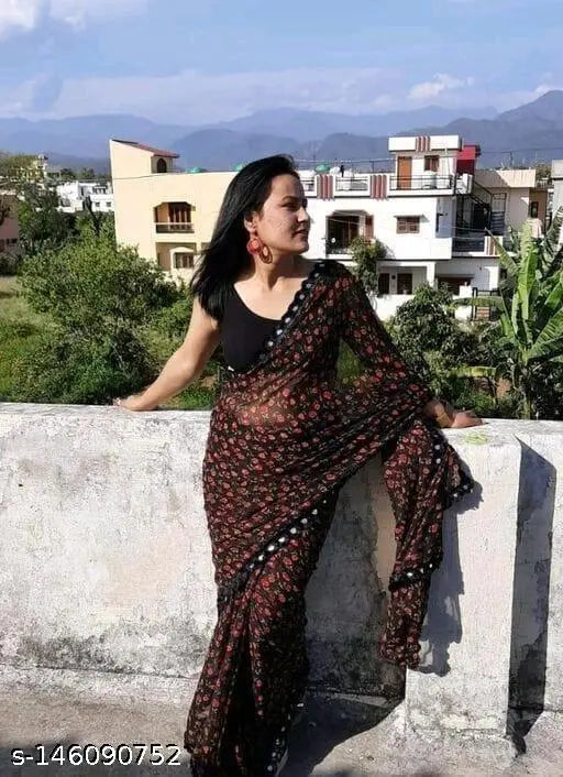 Georgette floral print saree with separate Banarasi silk blouse, exotic animal motif, free size