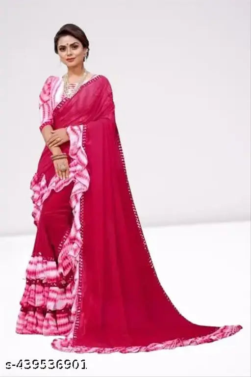 Pink and beige georgette saree with blouse piece, ruffled frill hem