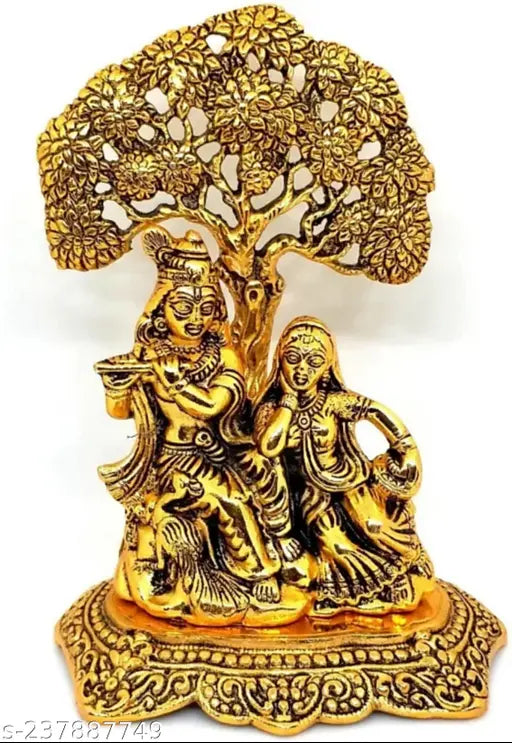 Metal Radha Krishna sitting under tree God idol, 18cm aluminium gold black decorative showpiece for home or office