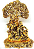 Metal Radha Krishna sitting under tree God idol, 18cm aluminium gold black decorative showpiece for home or office