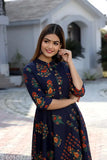 Blue cotton Anarkali gown by SARD Girls, featuring three-quarter sleeves and floral print, made in India