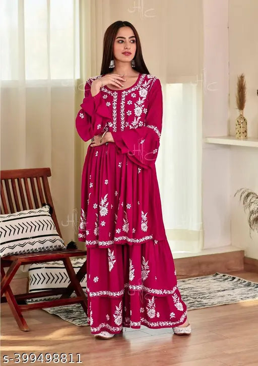 Burgundy rayon traditional Indian women's ethnic set with embroidered borders