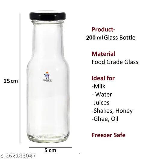 Clear, rust-proof, airtight black-capped Glass Bottles (200ml) for Milk & Juice - Reusable Water Spray Bottle, Made in India
