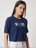 Navy blue graphic print cotton crop top for women, pure cotton blend short sleeves