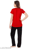 Red (Cherry Red) hosiery cotton printed half-sleeve T-shirt & pyjama pants nightsuit set for ladies, 100% cotton hosiery 180 GSM fabric, comfortable and soft for daily wear or sleep