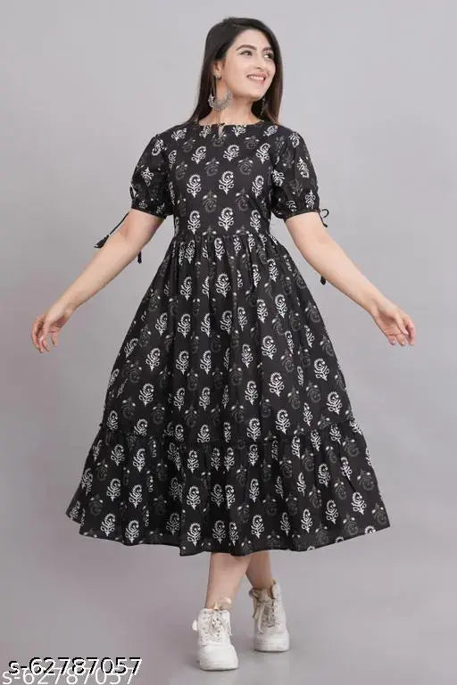Black cotton Anarkali kurtis with printed combo, short sleeves for women's fashion