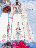 White Georgette Party Wear Look Top Plazzo & Dupatta Set with Embroidered Three-Quarter Sleeves, Rayon bottomwear, and heavy faux Georgette with Riyal mirror work. May show minor color variation due to screen lighting. Available in various sizes from S to XXL. Indian origin