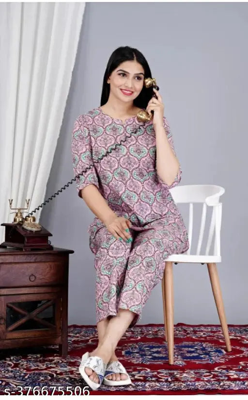 Women's rayon pink printed night suit top & pyjama coord set, floral print, round neck, three-quarter sleeves