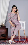 Women's rayon pink printed night suit top & pyjama coord set, floral print, round neck, three-quarter sleeves