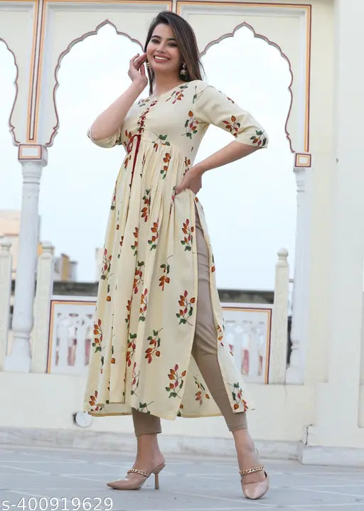 Premium rayon flared Aline kurta, printed combo for women & girls, three-quarter sleeves, India