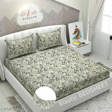 Cream grey superfine microfiber botanical print double elastic bedsheet with 2 pillow covers, ideal for summer use on standard size mattresses (72 x 78 inch / 182 x 198 cm)