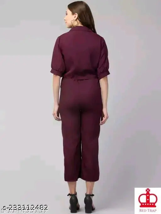 Sleeveless crepe jumpsuit set with shrug for women and girls, solid pattern, India-made fashion