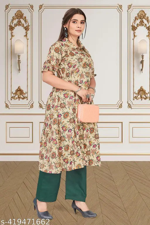 A-line cotton kurta set with button, three-quarter sleeves, printed net pattern, palazzos bottom. Single size available in S/M and L. Best-selling Indian clothing