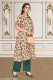 A-line cotton kurta set with button, three-quarter sleeves, printed net pattern, palazzos bottom. Single size available in S/M and L. Best-selling Indian clothing