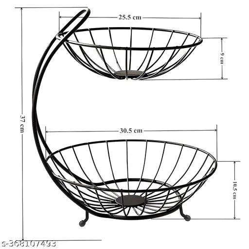 Black heavy steel 2-tier fruit and vegetable basket for dining table or kitchen countertop, suitable for fresh produce storage with a capacity of 9 liters