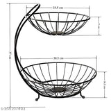 Black heavy steel 2-tier fruit and vegetable basket for dining table or kitchen countertop, suitable for fresh produce storage with a capacity of 9 liters