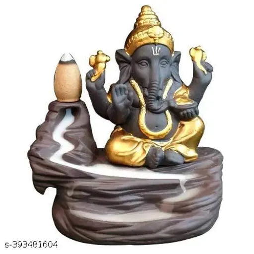 Resin Buddha & Ganesha Backflow Incense Burner Holder (12cm x 8cm x 10cm), includes 30 cones - Indian handcrafted artistry with waterfall smoke effect