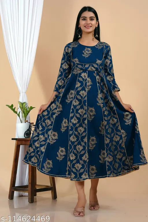Printed rayon anarkali long kurta with flared sleeves