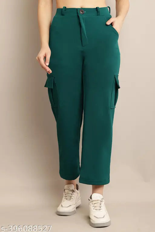 Teal trousers with a high waist and side pockets, casual wear for women