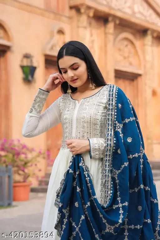 Premium designer embroidered net anarkali gown in pur chinon silk with tassels, up to XL size