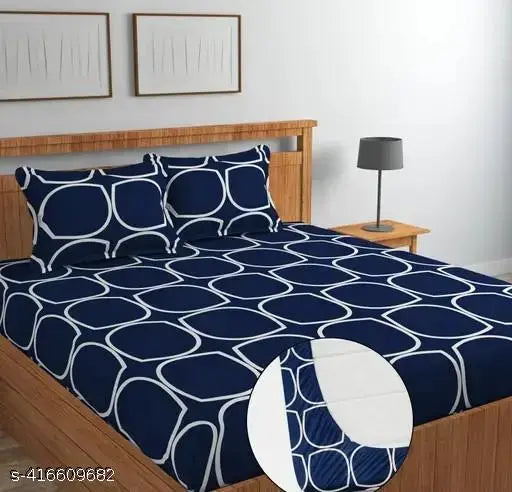 V International premium cotton blend geometric fitted bedsheet (90x90) with 2 pillow covers (18x28), ideal for summer, adult use. Elasticated and easy to tuck-in on heavy mattresses. Made in India