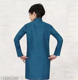 Blue cotton long-sleeved mini kurta for boys, solid pattern, Indian traditional clothing, 4-5 years size