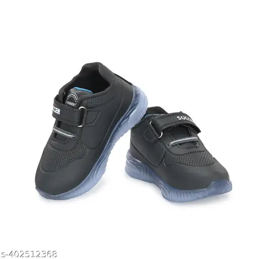 Black and blue athletic sneakers with velcro strap