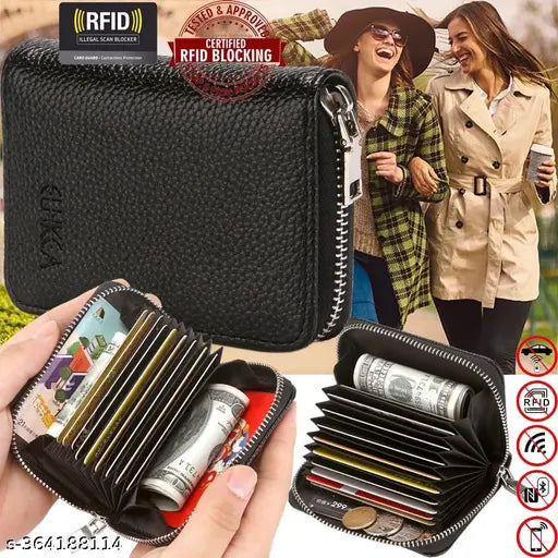 Imported leather credit/debit zipper card holder wallet (9 slots, solid design), for men and women, free size (11cm x 8cm), from India