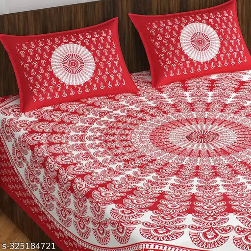 Jaipuri paisley print cotton flat bedsheet, Rajasthani traditional design queen-size with 2 pillow covers for home/hotel bedrooms
