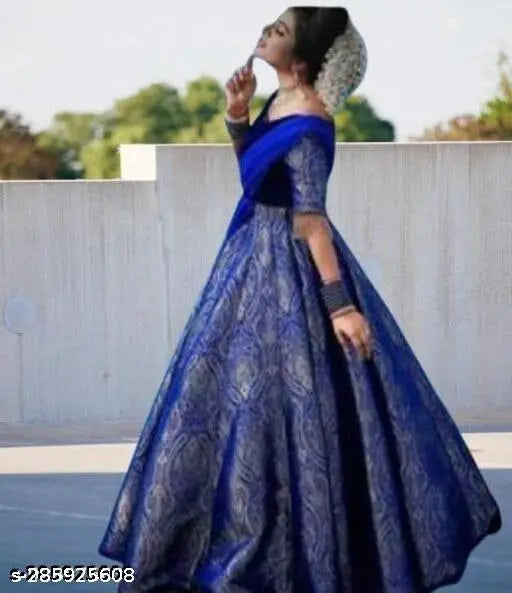 Velvet Banarasi silk Anarkali gown & dupatta set, three-quarter sleeves, zari woven pattern, India origin
