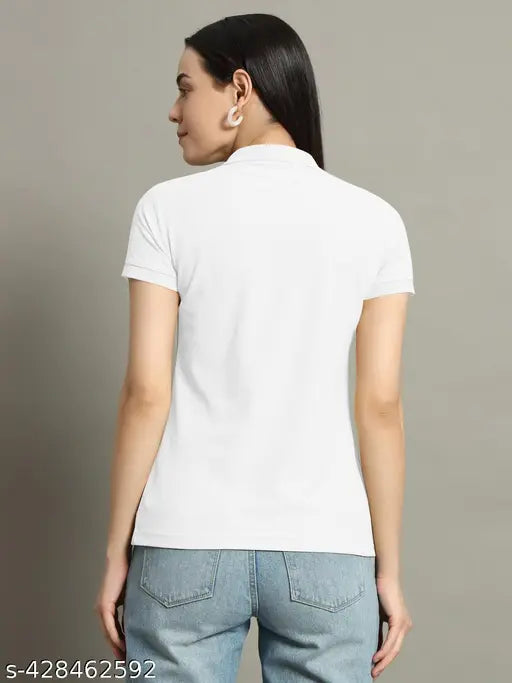 Women Solid Half Sleeves Polo Neck T-shirt