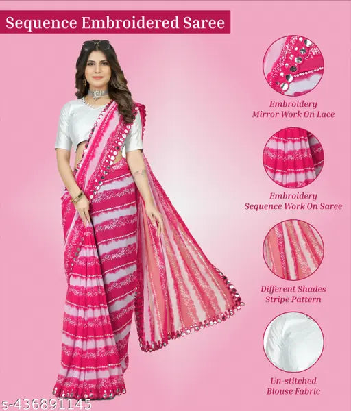 Embroidered saree with mirror work on border, pink and white paisley print, sleeveless