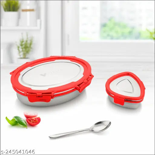 VIRTUE Stainless Steel Ovel Lunch Box Air Tight Container lids & Leakage Proof Tiffin Box For School /Office / Tiffin Box With Container / Steel Tiffin Box / Steel Lunch Box( RED/BLUE/PINK/BROWN) 850 ml X 200 ml