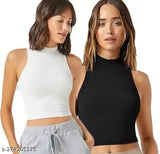 Black and white cotton blend high neck sleeveless women's crop top, best seller design