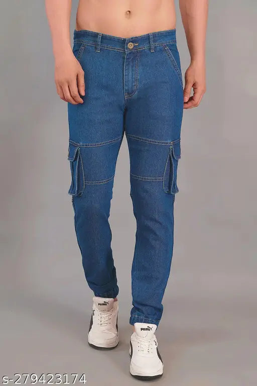 Nivasu blue denim cargo jogger for men, solid pattern, size 34 (Waist: 34, Length: 40, Hip: 42), denim jogger on hangar