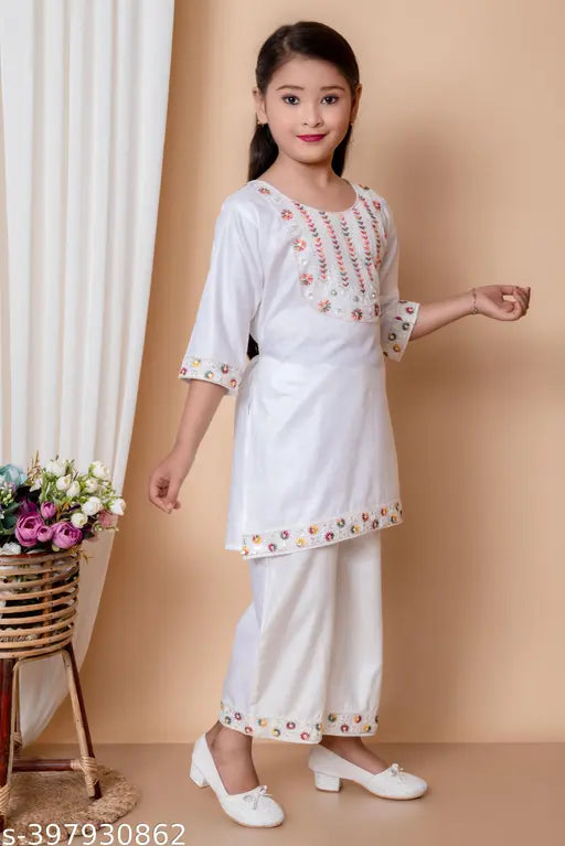 Embroidered rayon ethnic kurta Palazzo set with dupatta, size 2-3 Years, Indian handcrafted