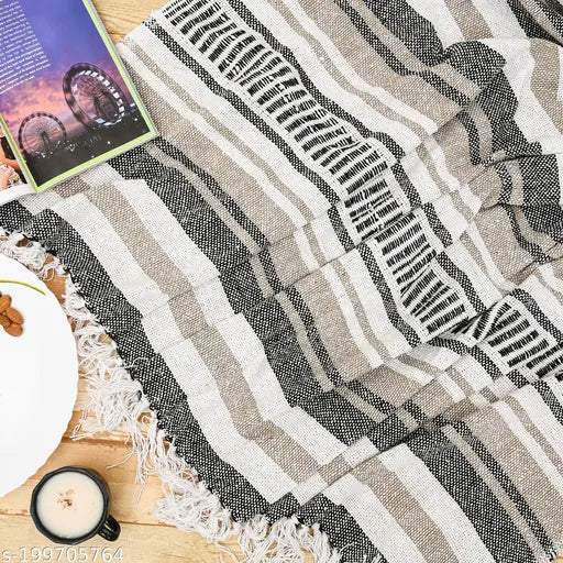 Breathable striped soft cotton throw, 100% cotton, 50x60 inch with tassels - Indian-made, ideal for sofa or travel