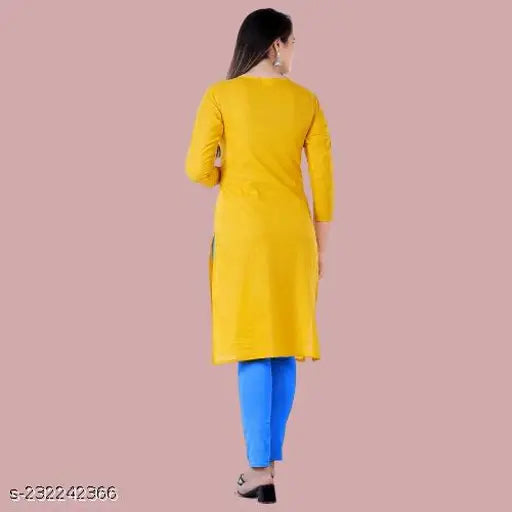 Yellow rayon straight embroidered kurta, three-quarter sleeves, solid color