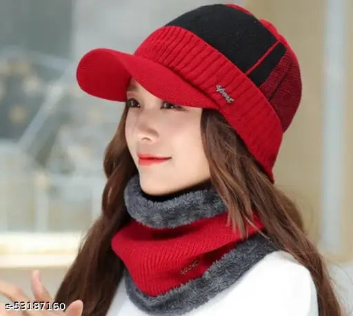 Red hat style cap, soft fleece knit, fur lining, attached scarf. A versatile winter accessory for women