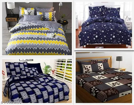 SahajaDecor 4 x King Size Bedding Set with 8 Pillow Covers - Includes 2 sets of 90 x 90 Bed Sheets & 4 sets of 16.5 x 16.5 Pillow Covers in Black and Gray Starburst Designs, Polyester, Machine Washable